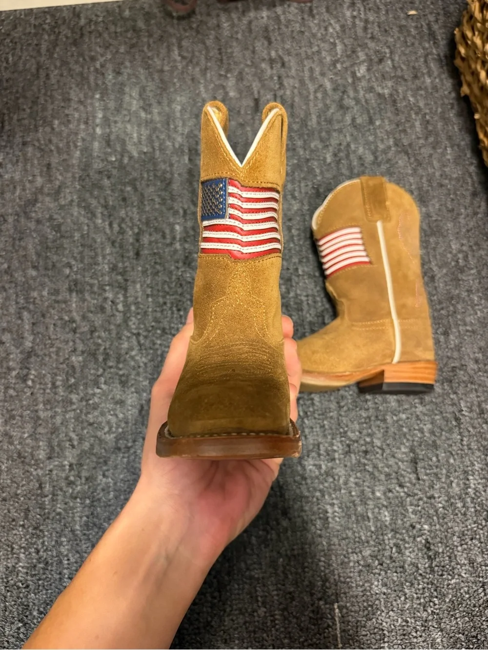 Kids Tan Suede Western Boots with American Flag Accent